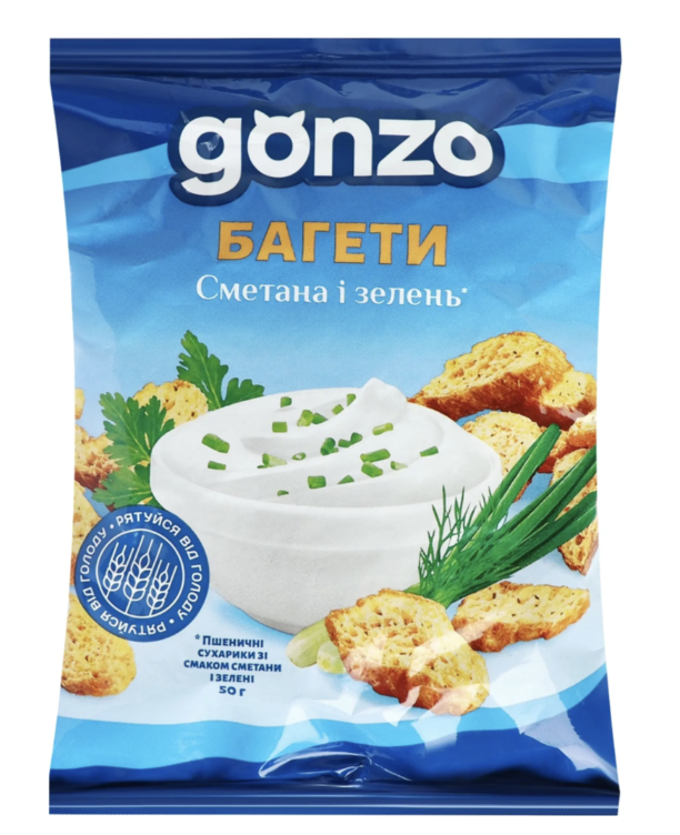 Сухарики Gonzo пшен.50г зі смак. сметана і зелень